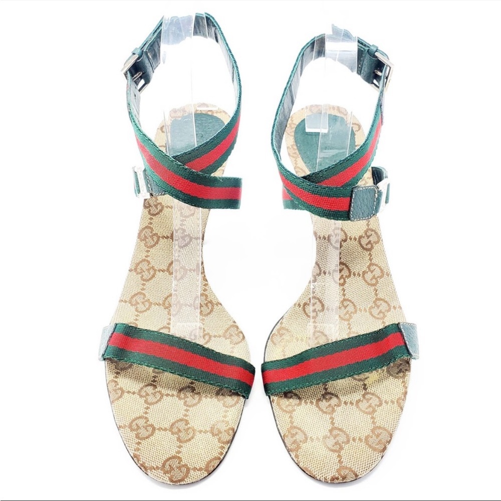 AUTHENTIC GUCCI Shoes GG Logo Ophidia Web Red Green Canvas Heels Strappy Sandals
